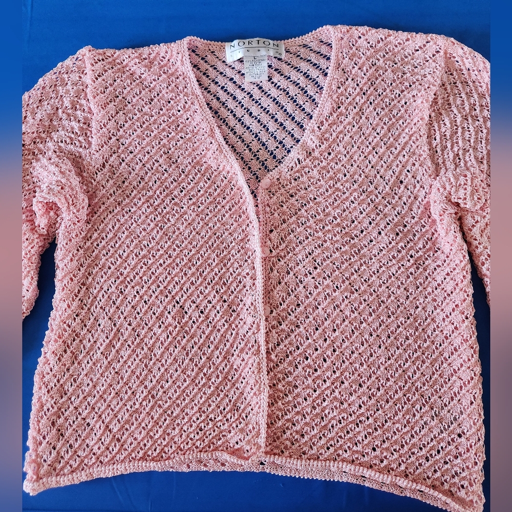 Norton Studios Grandma Style Open Knit Button Short Cardigan Sweater Pink Sz L